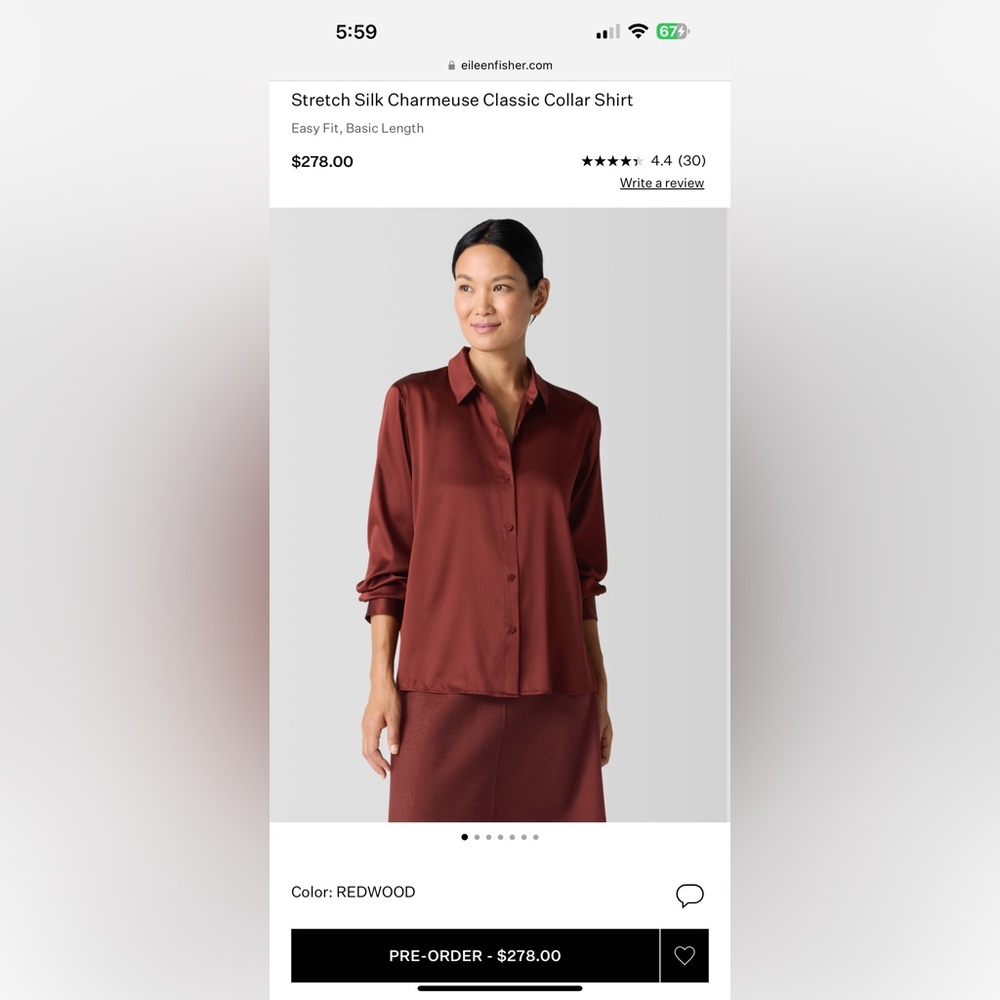EUC Eileen Fisher 100% silk maroon blouse size large